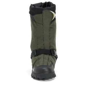Neos olive green overshoe with black rubber sole and buckle strap