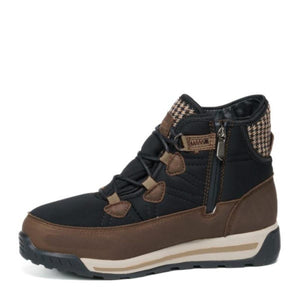 Black and brown ankle boot with side zipper and houndstooth collar detail