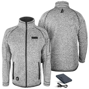 ActionHeat grey heather fleece jacket with front and back views plus power bank and charging cable