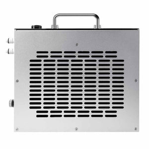Silver metal water chiller unit with top handle and side ventilation grille