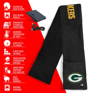 ActionHeat fleece scarf with Green Bay Packers logo and feature list including power bank and heat settings