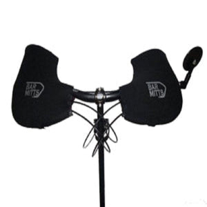 Bar Mitts handlebar covers installed on bicycle handlebars with a side mirror