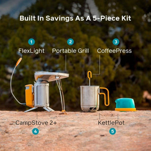 BioLite 5-piece camp kit including FlexLight, portable grill, CoffeePress, CampStove 2+, and KettlePot