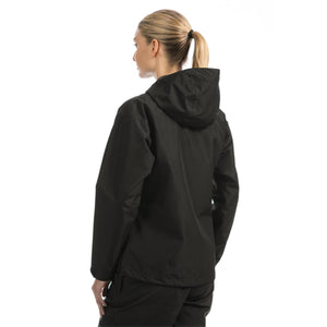 Woman wearing a black Helly Hansen hooded rain jacket from the back