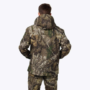 Back view of a person wearing a camouflage hooded jacket