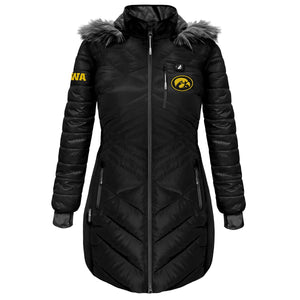 Black ActionHeat Iowa Hawkeyes heated puffer jacket with faux fur hood