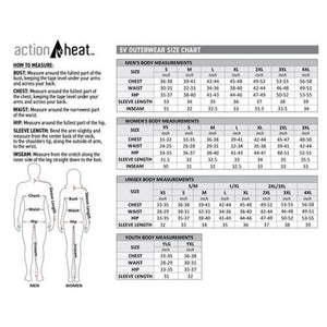 ActionHeat 5V outerwear size chart with body measurement instructions and diagrams for men women and youth