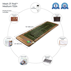 HealthyLine Mesh JT Pad Medium 7224 with included controller, warranty card, carrying case, catalog, cover, and blanket