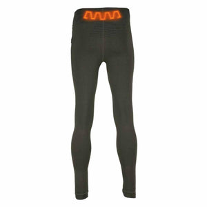Pnuma Outdoors heated base layer leggings in black with orange heating element graphic on the waistband