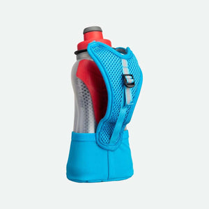 Nathan handheld water bottle with blue mesh strap and red cap