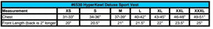 HyperKewl Deluxe Sport Vest size chart showing chest and front length measurements for sizes XS to XXXL