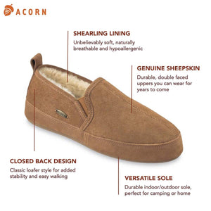 Acorn slipper features shearling lining genuine sheepskin upper closed back design and versatile indoor outdoor sole