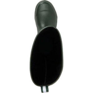 Top view of a dark green rubber rain boot with a black interior lining