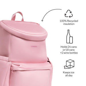Pink Corkcicle backpack cooler with icons showing recycled insulation, 24 can capacity, and all day ice retention