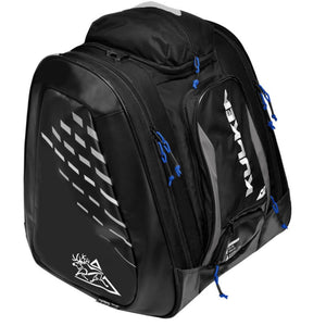 Black Kulkea thermal boot bag with blue zipper pulls and white graphic accents