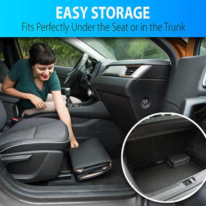 Person placing a folded car accessory under the passenger seat with an inset showing it stored in the trunk
