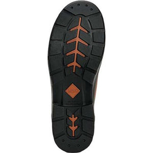 Black and orange rubber tread sole of a Muck boot