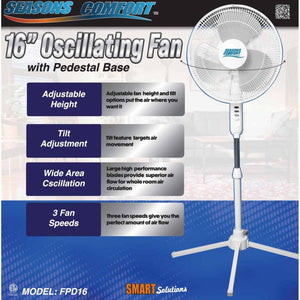 World Marketing Seasons Comfort 16 inch oscillating pedestal fan with adjustable height tilt and three speed settings