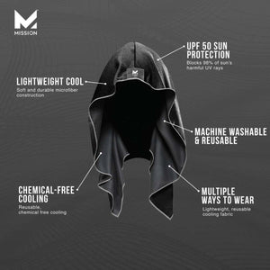 Mission cooling hood with labels highlighting UPF 50 sun protection and chemical free cooling features