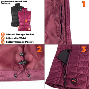 Mobile Warming Backcountry heated vest features showing internal pocket, adjustable waist, and battery storage pocket