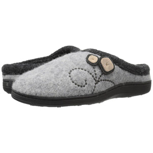 Acorn grey felt mule slipper with decorative stitching and beige flower detail