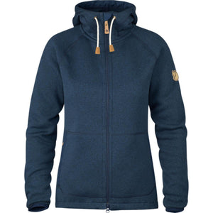 Fjallraven navy blue fleece hoodie with front zipper and leather logo patch