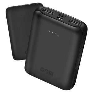 Two black Gobi Heat portable power banks with LED battery indicators and USB ports