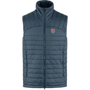 FjallRaven dark blue quilted vest with full zip closure and brand logo patch on chest