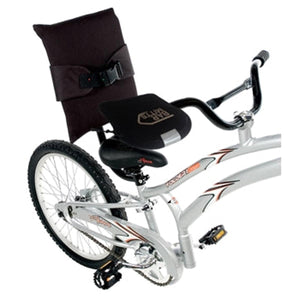 Black Bar Mitts bicycle seat cushion and backrest attachment on a silver bicycle