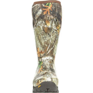 Muck camouflage tall rubber boot with brown trim and black sole