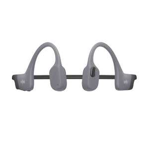 Grey Shokz bone conduction headphones viewed from the front