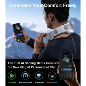 Person wearing a Coolify Cyber neck fan controlled by a smartphone app showing various cooling modes
