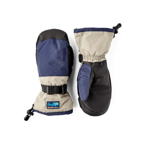 Hestra blue and beige winter mittens with adjustable wrist straps and drawstring cuffs