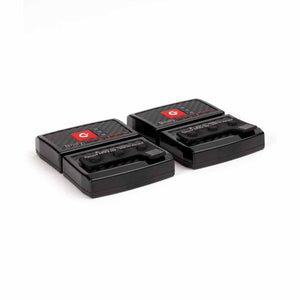 Two black Lenz body heat system battery packs with red logo and status lights