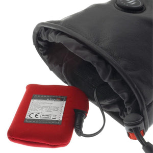 Glovii heated glove with red lithium polymer battery pack connected by cable