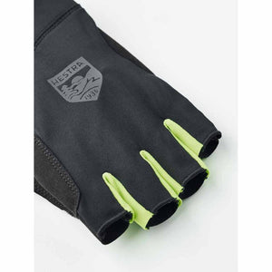 Black Hestra fingerless cycling glove with neon yellow finger gussets