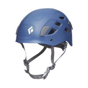 Blue Black Diamond climbing helmet with side vents and adjustable chin strap