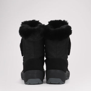 Back view of black Pajar winter boots with faux fur trim