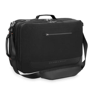 Black Briggs and Riley briefcase with shoulder strap and top handle