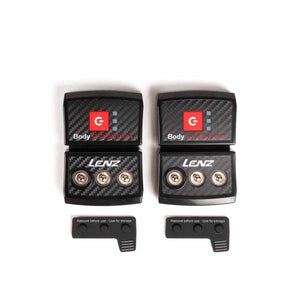 Two Lenz body heat system battery packs with protective storage caps
