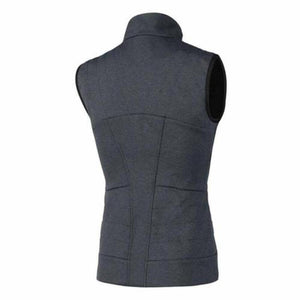 Back view of a charcoal grey sleeveless vest with quilted detailing
