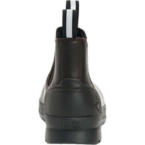 Back view of brown Muck leather ankle boot with black rubber sole and pull tabs