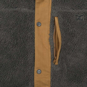 Mobile Warming grey fleece jacket with tan canvas placket and zippered chest pocket