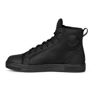 Black Cortech high top motorcycle sneaker with lace up closure and rubber toe cap