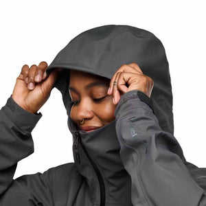 Person wearing a grey Black Diamond hooded jacket with the hood pulled up