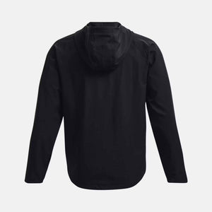 Back view of a black Under Armour hooded windbreaker jacket