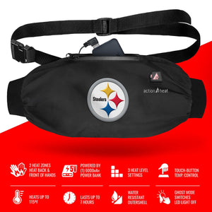 ActionHeat Pittsburgh Steelers heated hand warmer pouch with power bank and feature list