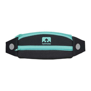 Nathan black and teal running waist belt with two zippered pockets and reflective accents