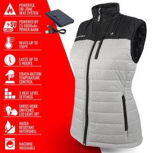 ActionHeat grey and black quilted heated vest with power bank and feature list