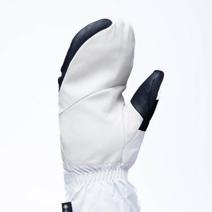 White and black leather ski mitten with elastic wrist